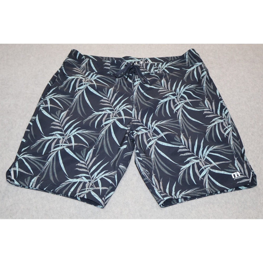 Travis Mathew Board Shorts Mens 34 Blue Palm Leaf Print Stretch Swim Surf Golf